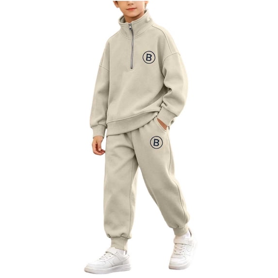 CYRBOKO Boys Sweatsuit Sets, Long Sleeve Stand collar Elastic Waist Half Zip Sweatshirts and Joggers Khaki Size 12-13 T