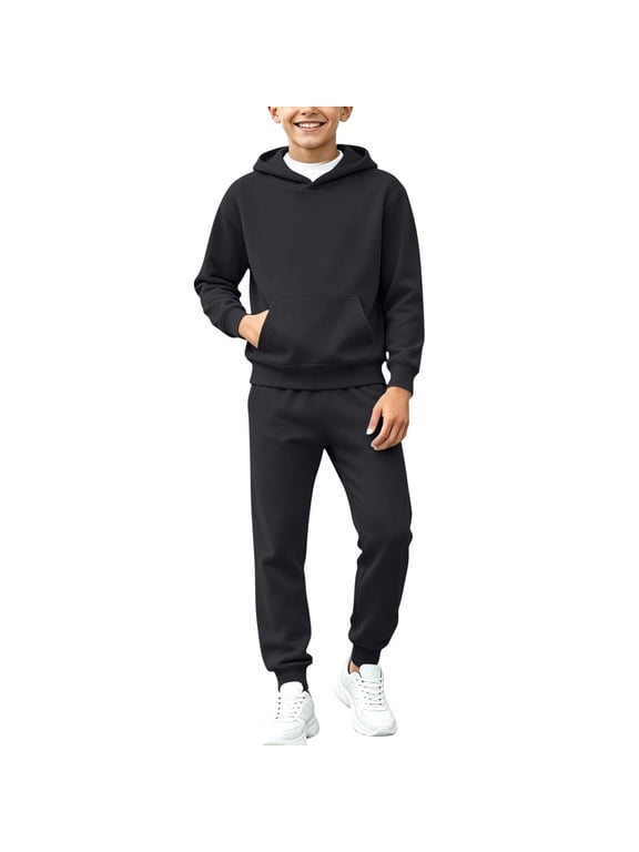 Boys Sweatsuits 2pcs Sets, Lightweifht Fleece Lined Athletic Casual Long Sleeve Hoodie and Jogger Sweatpants Black Size 2-3 T