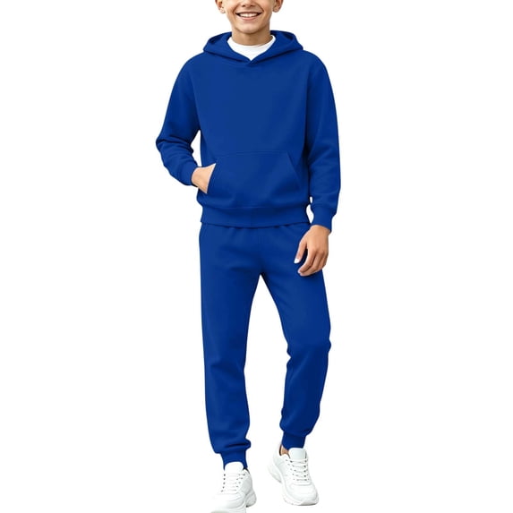 CYRBOKO Boys Sweatsuits 2pcs Sets Size 10-12, Long Sleeve Casual Athletic Lightweifht Fleece Lined Hoodie and Jogger Sweatpants Blue
