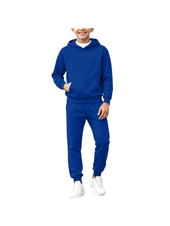 Boys Sweatsuits 2pcs Sets Size 10-12, Long Sleeve Casual Athletic Lightweifht Fleece Lined Hoodie and Jogger Sweatpants Blue