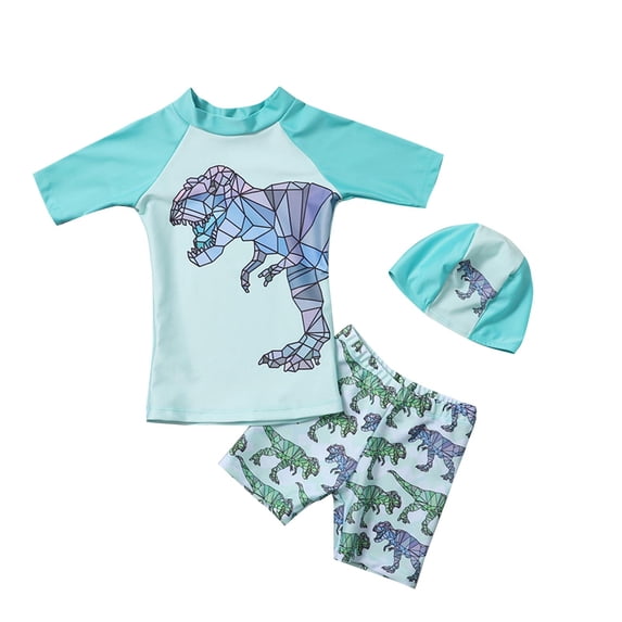CYRBOKO Boys Swim Suits, Dinosaur Print Summer Lightweight Short Sleeve Swim Top and Trunks Blue Size 5-6 T