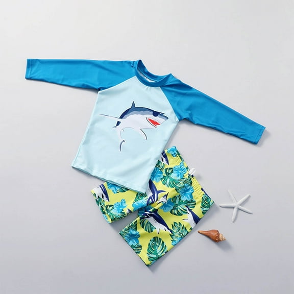 CYRBOKO Boys Swimsuits, Long Sleeve Holiday 2-piece Summer Bathing Suits Light Blue Size 7 T