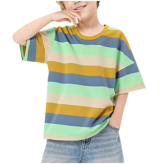CYRBOKO Boys T-Shirts, Crewneck Cotton Summer Striped Short Sleeved Top Green Size 7-8 T