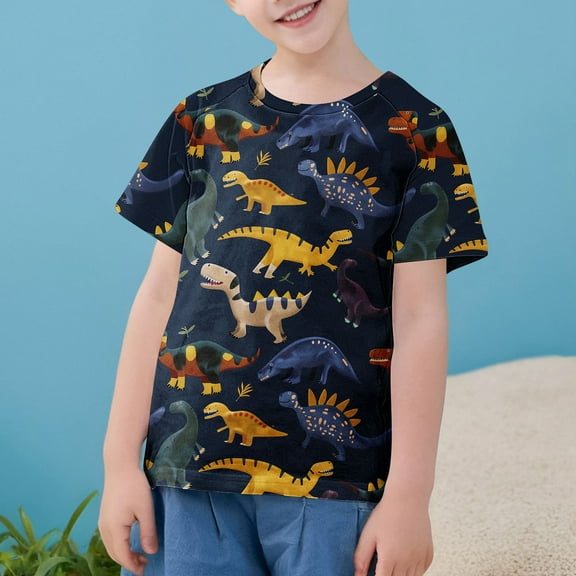 CYRBOKO Boys T-shirts, Crewneck Printed Summer Short Sleeve Tops Navy Size 6-7T