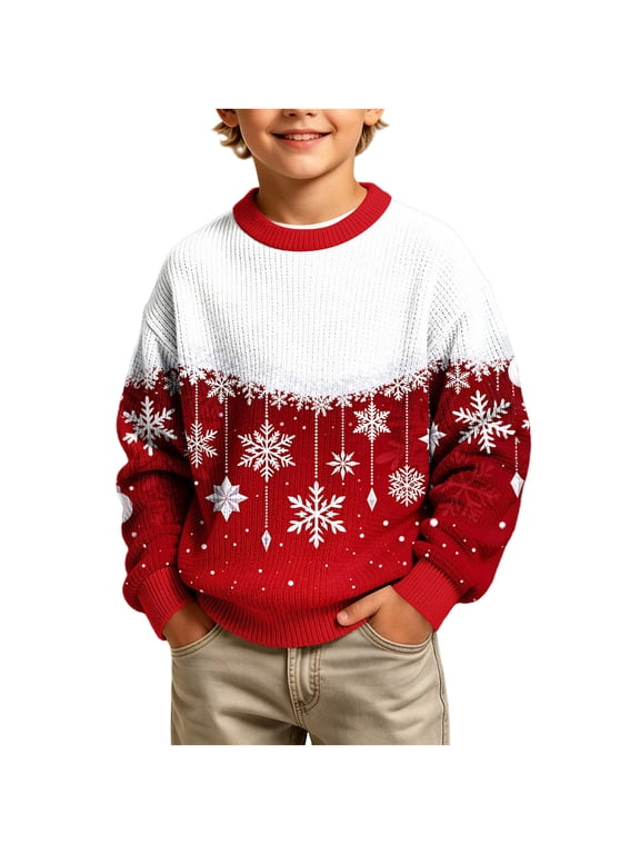 Boys's Christmas Sweasters 10-12, Knitted Crewneck Winter Long Sleeve Holiday Tops Snowflake