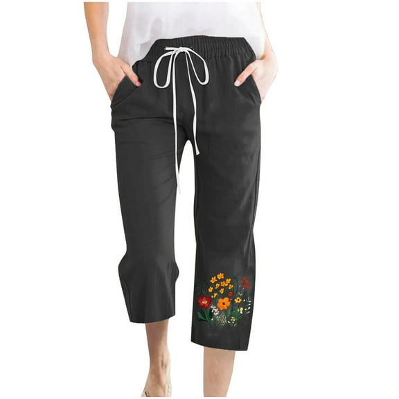 CYRBOKO Capri Pants for Women, Drawstring Elastic Waist Vacation Casual Cropped Pants Black Size M