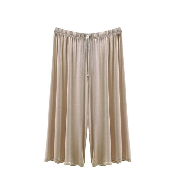 CYRBOKO Capri Pants for Women, Drawstring Soft Elastic Waist Casual Wide-leg Pants Beige Size 2XL
