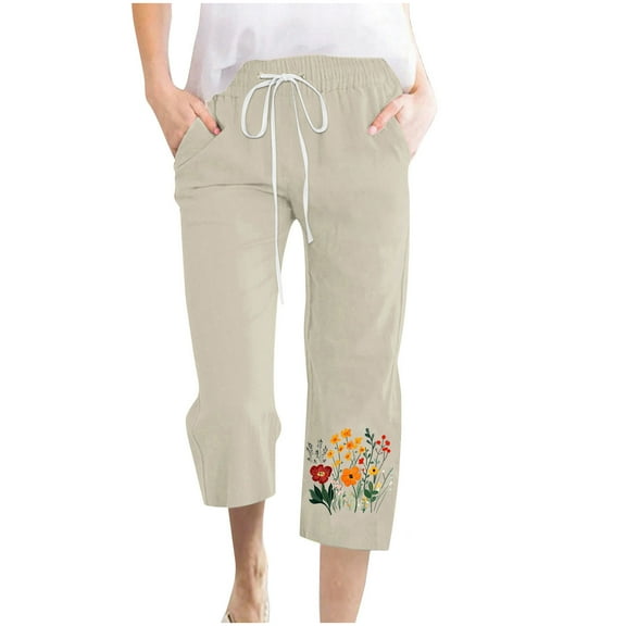 CYRBOKO Capri Pants for Women, Elastic Waist Vacation Drawstring Casual Cropped Pants Khaki Size M