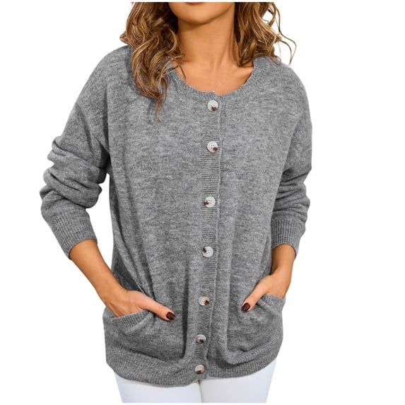 CYRBOKO Cardigans for Women, Button Front Stretchy Long Sleeve Lightweight Casual Loose Sweaters for Ladies Gray Size S