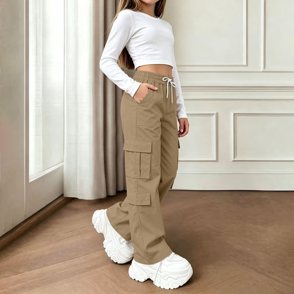 CYRBOKO Cargo Pants Size 12-14 for Girls, Casual Drawstring Elastic Waist Loose Fit Wide Leg Pants Khaki
