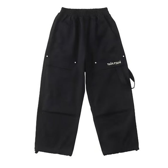 CYRBOKO Cargo Pants for Boys, Drawstring Multi Pockets Cotton Loose Long Pants Black Size 10-12 T