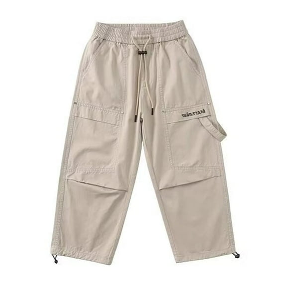 CYRBOKO Cargo Pants for Boys, Drawstring Multi Pockets Loose Cotton Long Pants Khaki Size 5-6 T
