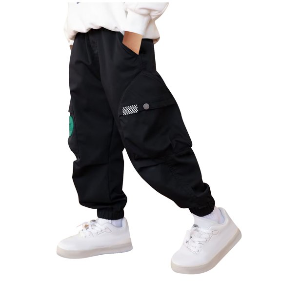CYRBOKO Cargo Pants for Boys, Loose Soft Cotton Elastic Waist Jogging Bottoms Black Size 11-12 T