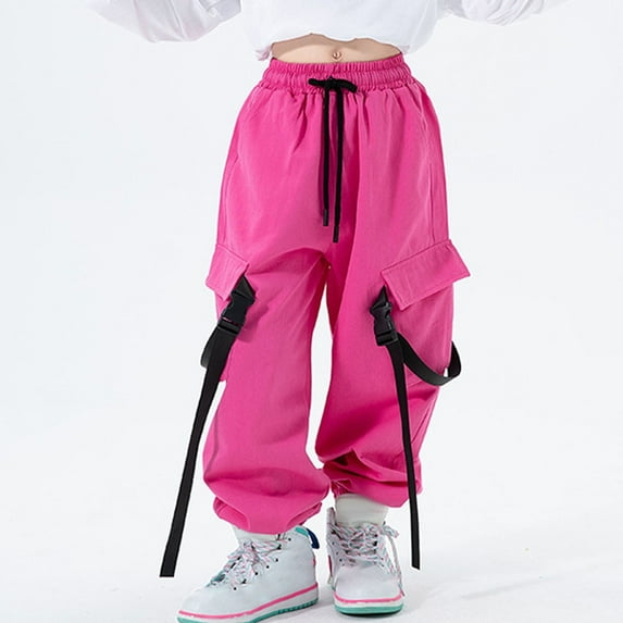 CYRBOKO Cargo Pants for Girls, Cotton Casual Casual Drawstring Sport Bottoms Hot Pink Size 7-8 T