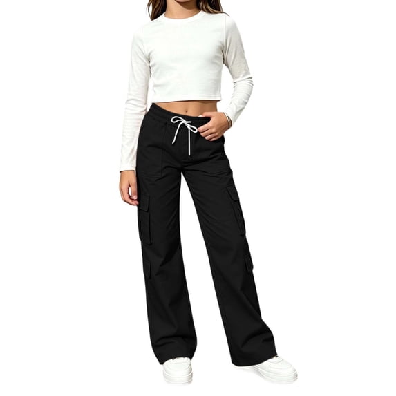 CYRBOKO Cargo Pants for Girls, Elastic Waist Casual Loose Fit Drawstring Wide Leg Pants Black Size 12-13 T