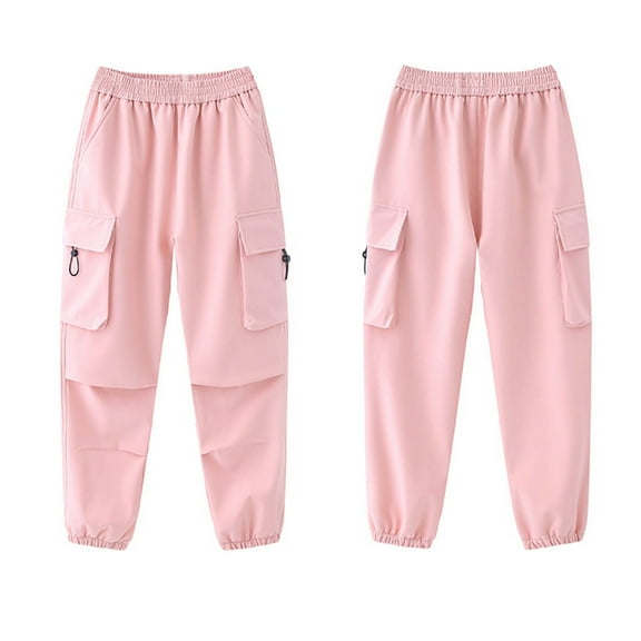 CYRBOKO Cargo Pants for Girls, Elastic Waist Casual Loose Waterproof Jogging Bottoms Pink Size 7-8 T