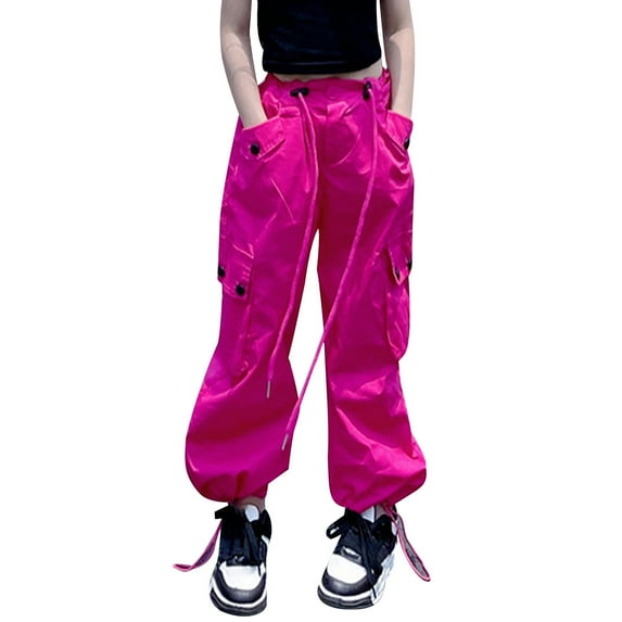 CYRBOKO Cargo Pants for Girls, Loose Elastic Waist Cotton Multi Pockets Wide Leg Pants Black Size 10-12 T