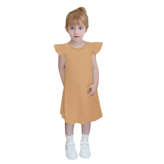 CYRBOKO Casual Dresses for Girls, Flutter Sleeve Princess Summer A-Line Midi Dresses Beige Size 7-8 T
