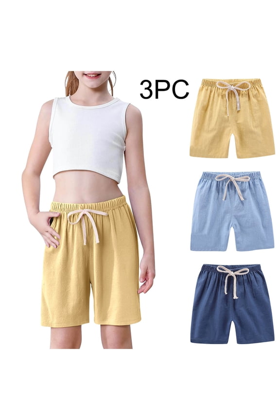 Casual Shorts for Boys, Drawstring Running 3 Pieces Elastic Waist Summer Shorts Yellow Size 7-8T