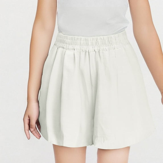 CYRBOKO Casual Shorts for Girls, Vacation Solid Color Elastic Waist Cotton Casual Shorts White Size 13-14T