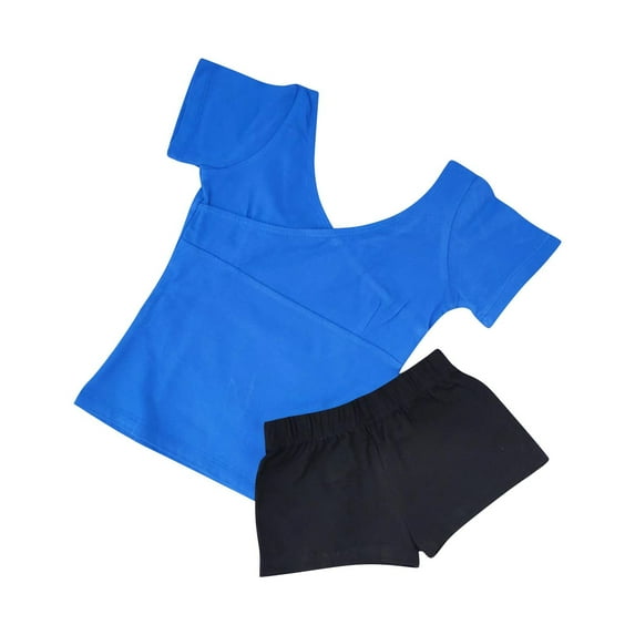 CYRBOKO Dancewear Sets for Girls, Elastic Waist Cotton Short Sleeve Ballet Top and Shorts Blue Size 11-12 T