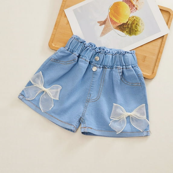 CYRBOKO Denim Shorts for Girls, Elastic Waist 2025 Vacation Summer Jean Shorts White Size 8-9 T