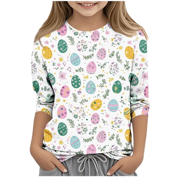CYRBOKO Easter T-shirts for Girls, Breathable Casual Crewneck 3/4 Sleeve Kids Tops Multicolor Size 5-6 T