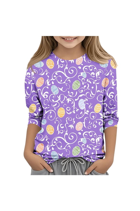 Easter T-shirts for Toddler Girls, 3/4 Sleeve Crewneck Casual Stretchy Kids Tops Multicolor Size 3-4 T