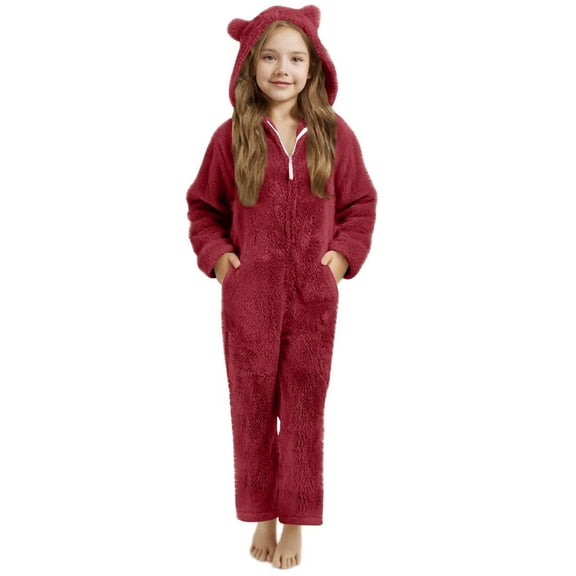 CYRBOKO Fleece Onesie Pajamas for Girls, Hooded Long Sleeve Thermal Winter Loungewear with Zipper&Pockets Wine Size 5-15 T