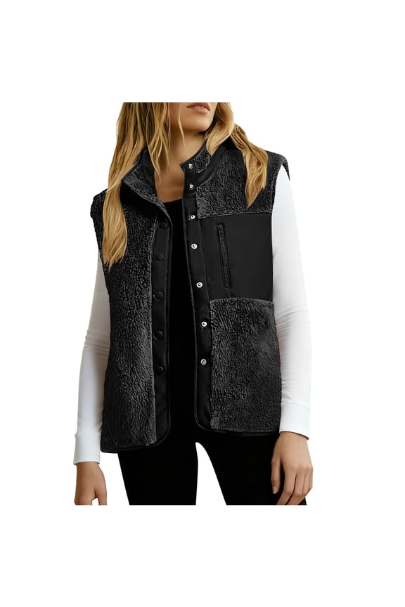 Fleece Vests for Women, Thermal Stylish Snap Closure Sleeveless Fall and Winter Outerwear Black Size 2XL