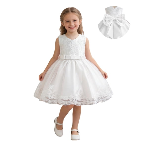 CYRBOKO Flower Girl Dresses, Birtyday Princess A-line Sleeveless Mesh Dresses White Size 4-5 T