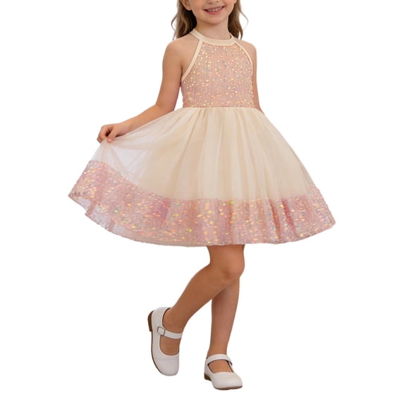 CYRBOKO Flower Girl Dresses, Princess Wedding A-line Sleeveless Mesh Dresses Beige Size 4-5 T