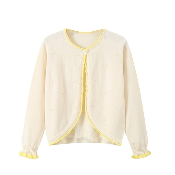 CYRBOKO Girl's Cardigan Sweaters, Long Sleeve Cotton Knit Comfy Sweater Coat Beige Size 5-6 T