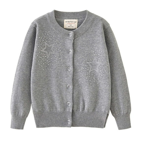 CYRBOKO Girl's Cardigan Sweaters, Long Sleeve Cotton Knit Crewneck Fall Clothing Gray Size 8-9 T