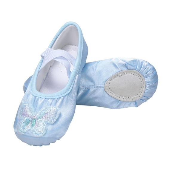 CYRBOKO Girl's Dance Shoes, Satin Bow Elastic X-Strap Soft Sole Flats for Little/Big Kids Blue Size 11.5 (Little Kids)