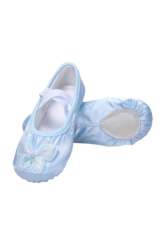Girl's Dance Shoes, Soft Sole Satin Elastic X-Strap Bow Flats for Little/Big Kids Blue Size 8 (Little Kids)