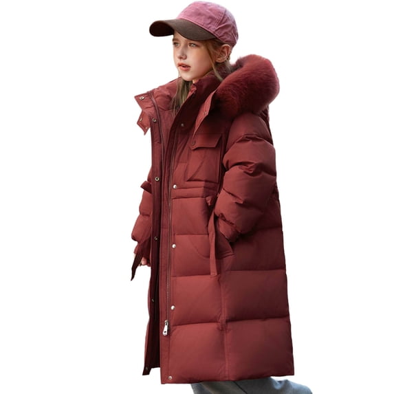 CYRBOKO Girl's Puffer Coats, Full Zip Mid-length Thermal Hooded Winter Outerwear Wine Size 9-10 T