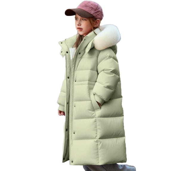 CYRBOKO Girl's Puffer Coats, Hooded Full Zip Thermal Mid-length Winter Outerwear Green Size 5-6 T