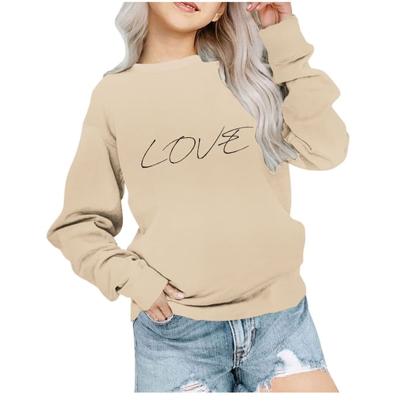 CYRBOKO Girl's Pullover Sweatshirts, Pullover Crew Neck Casual Autumn Long Sleeve Clothing Beige Size 11-12 T