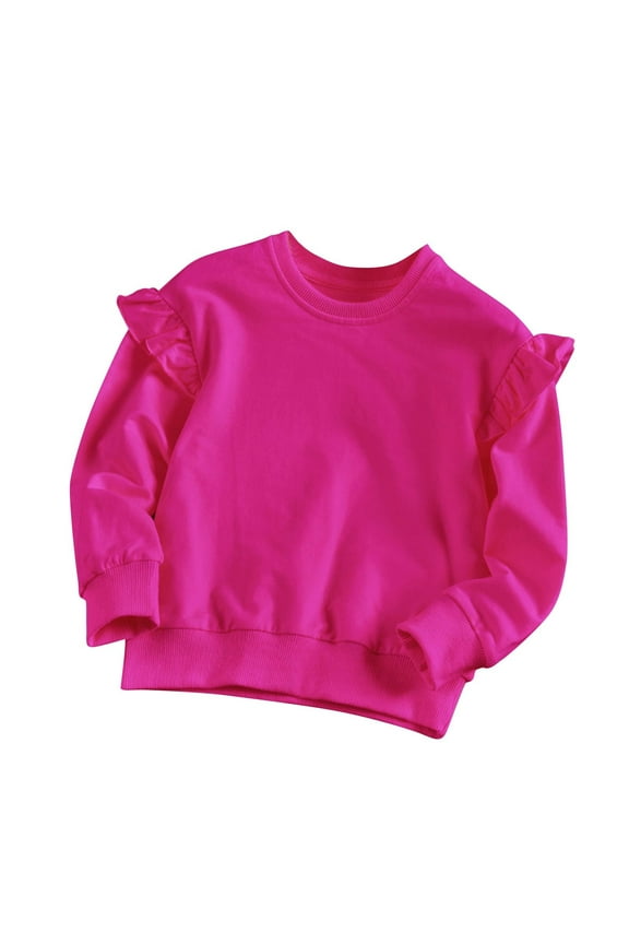 Girl's Sweatshirts, Crew Neck Cotton Pullover Autumn Tops with Long Sleeve Hot Pink Size 5-6 T