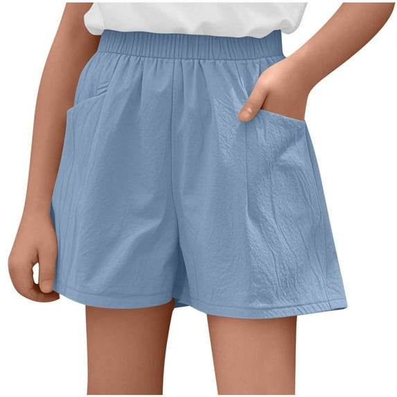 CYRBOKO Girlr Summer Shorts, Loose Casual Elastic Waist Solid Color Athletic Shorts Blue Size 7-8 T