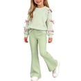 thumbnail image 1 of CYRBOKO Girls 2‑Piece Outfit Set, Bow Casual Elastic Waist Fall Winter Long Sleeve Tops and Flare Pants Green Size 13-14 T, 1 of 8