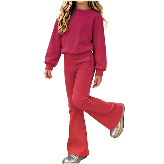 CYRBOKO Girls 2 Piece Outfit Set, Fall Winter Casual Elastic Waist Gradient Color Long Sleeve Tops and Flare Pants Multicolor Size 14-15 T