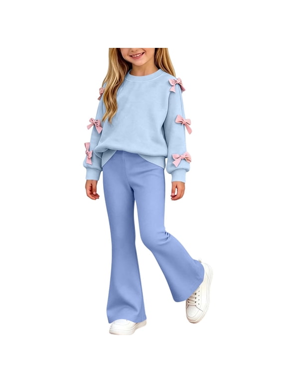 Girls 2‑Piece Outfit Sets Size 10-12, Casual Fall Winter Elastic Waist Bow Long Sleeve Tops and Flare Pants Blue