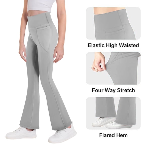 CYRBOKO Girls Active Leggings, Casual Stretchy High Waist Dancewear Wide-leg Bottoms Gray Size 6-7 T