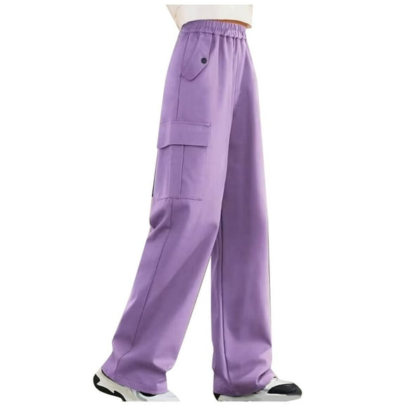 CYRBOKO Girls Athletic Cargo Pants, Elastic Waist Loose Breathable Casual Wide Leg Pants Purple Size 12-14 T