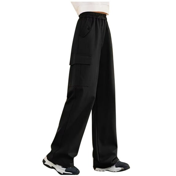 CYRBOKO Girls Athletic Cargo Pants, Loose Elastic Waist Breathable Casual Wide Leg Pants Black Size 12-13 T