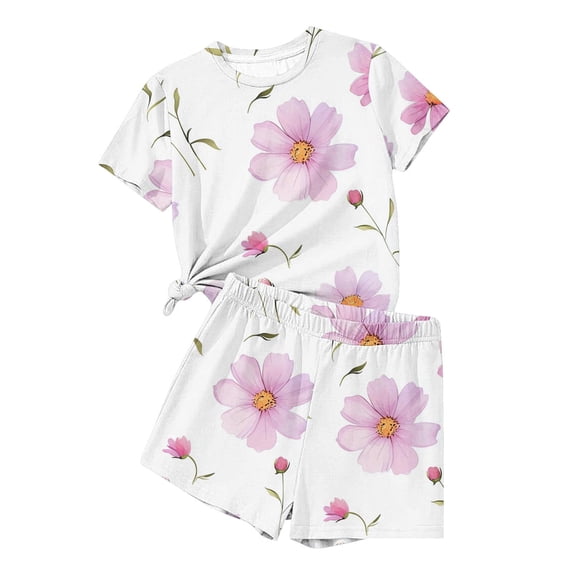 CYRBOKO Girls Athletic Outfit Sets, Crew Neck Elastic Waist Comfy Short Sleeve Summer Two-piece Sets Multicolor Size 13-14 T