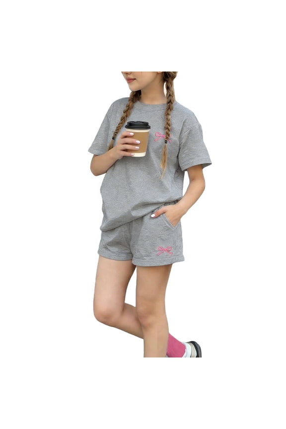 Girls Athletic Outfit Sets, Short Sleeve Elastic Waist Casual Two-piece T-shirts with Shorts Gray Size 7-8 T