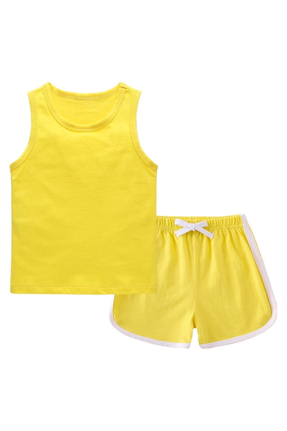 Girls Athletic Outfit Sets, Two Pieces Sleeveless Basketball Cotton Tank Tops and Shorts Yellow Size 9-10 T